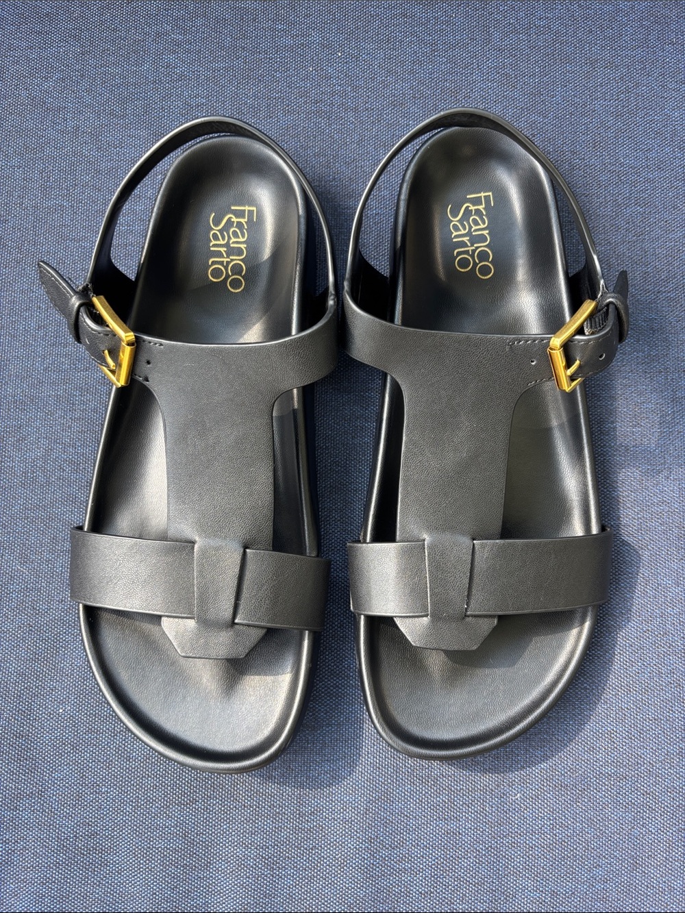 Franco Sarto Black T-Strap Slingback Sandals with Gold Buckle